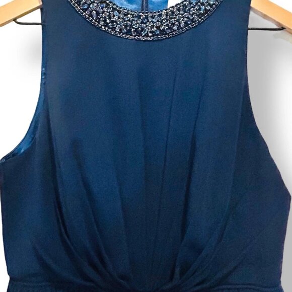 Mac Duggal Navy Blue Women Size 8 Beaded Neckline Pleated Chiffon  Evening Gown - Picture 4 of 11